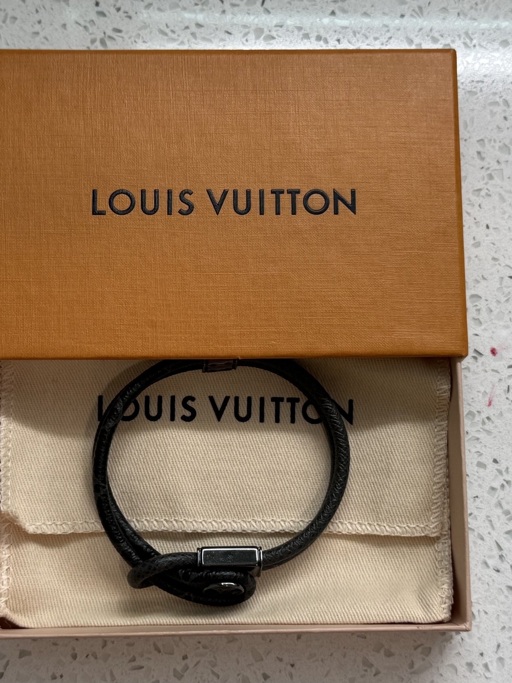 Louis Vuitton Black Leather Wrap Bracelet with Silver Accent